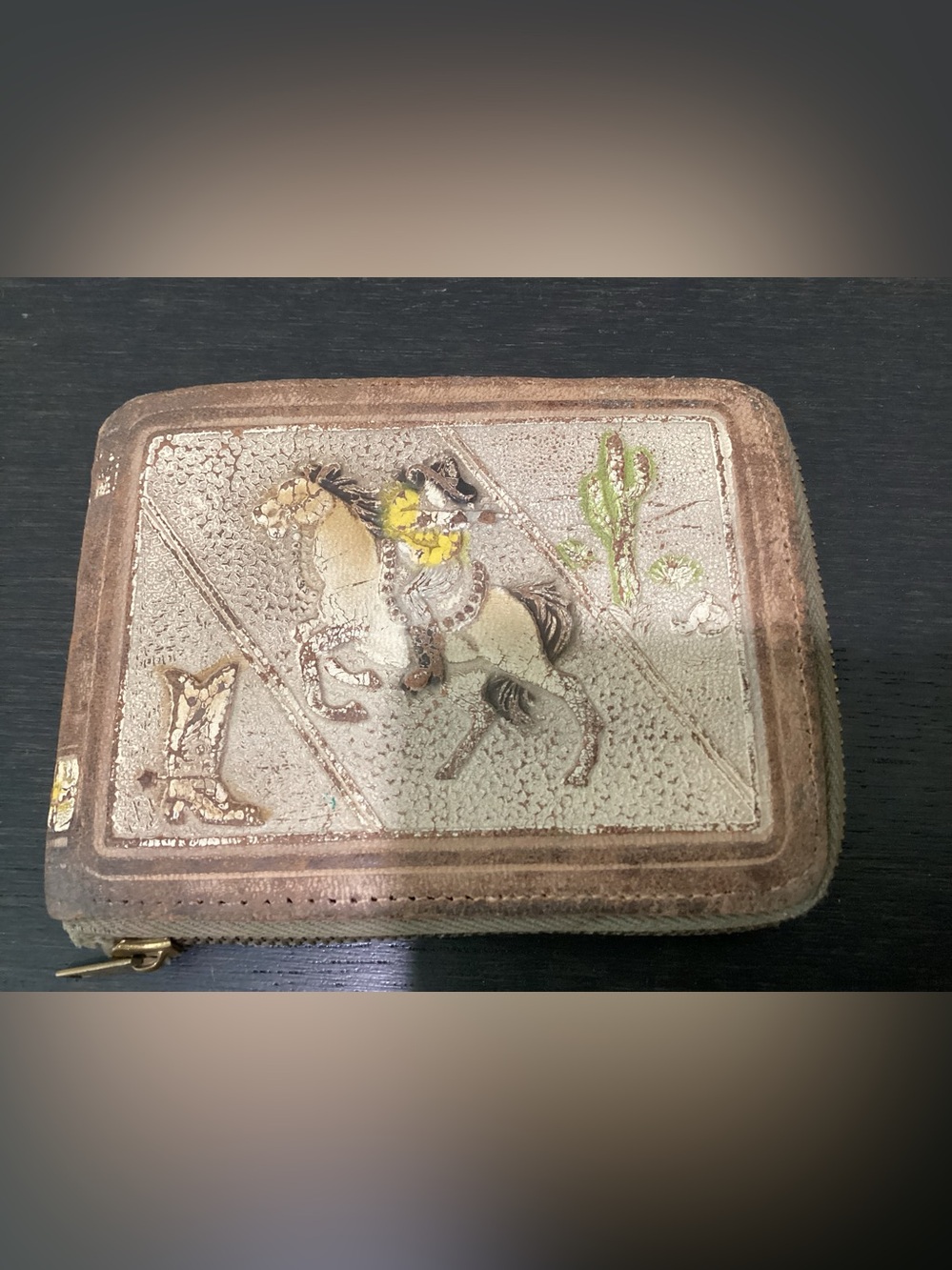 Vtg. Mid-Century April 1945 Hand-Tooled child’s leather wallet featuring a